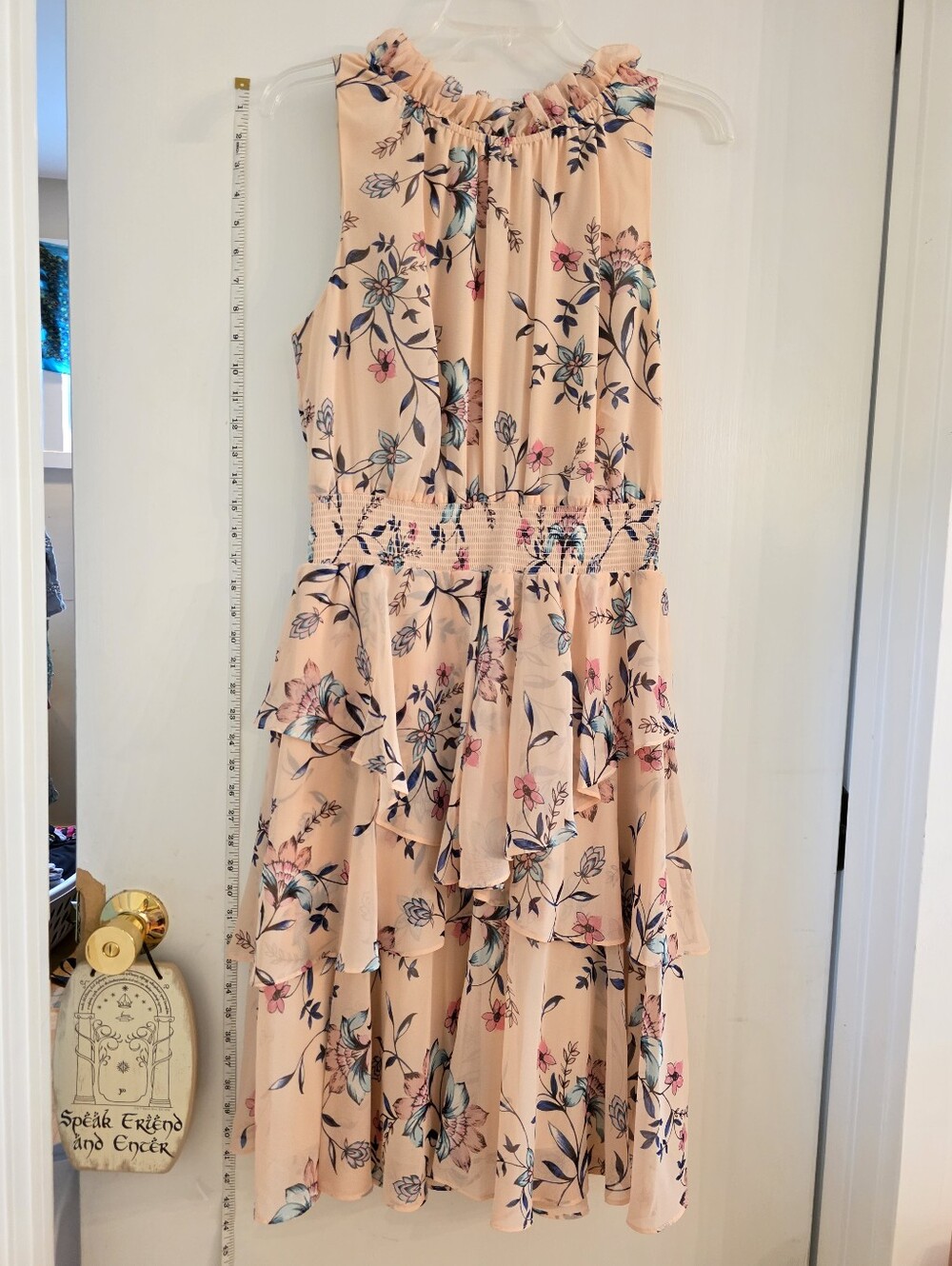Eliza J Peach Floral Off-Shoulder Dress with Blue and Pink Accents